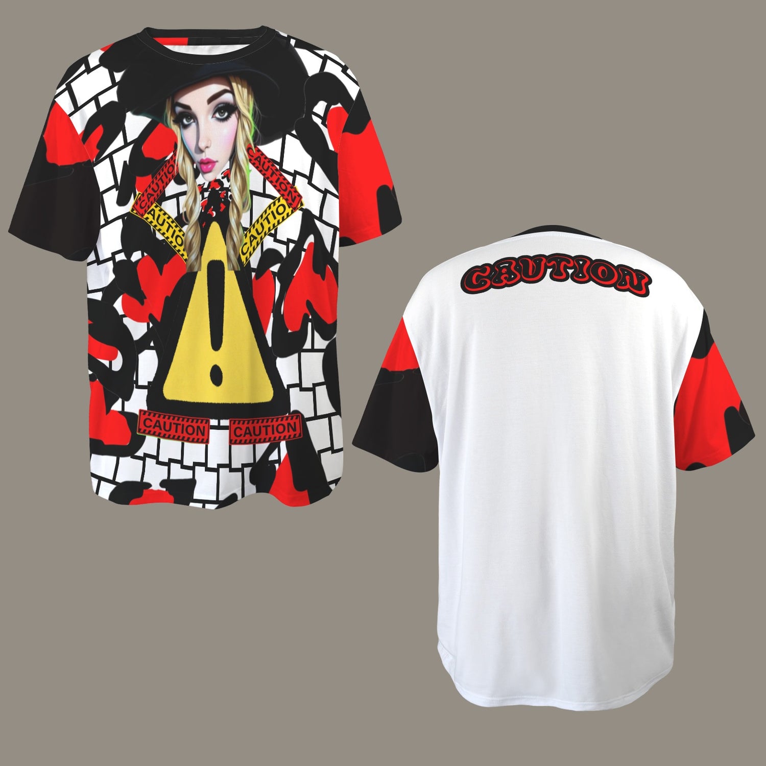 RANSIE CARTOON CAUTION  WHITE BLACK WALL HEARTS T-SHIRT