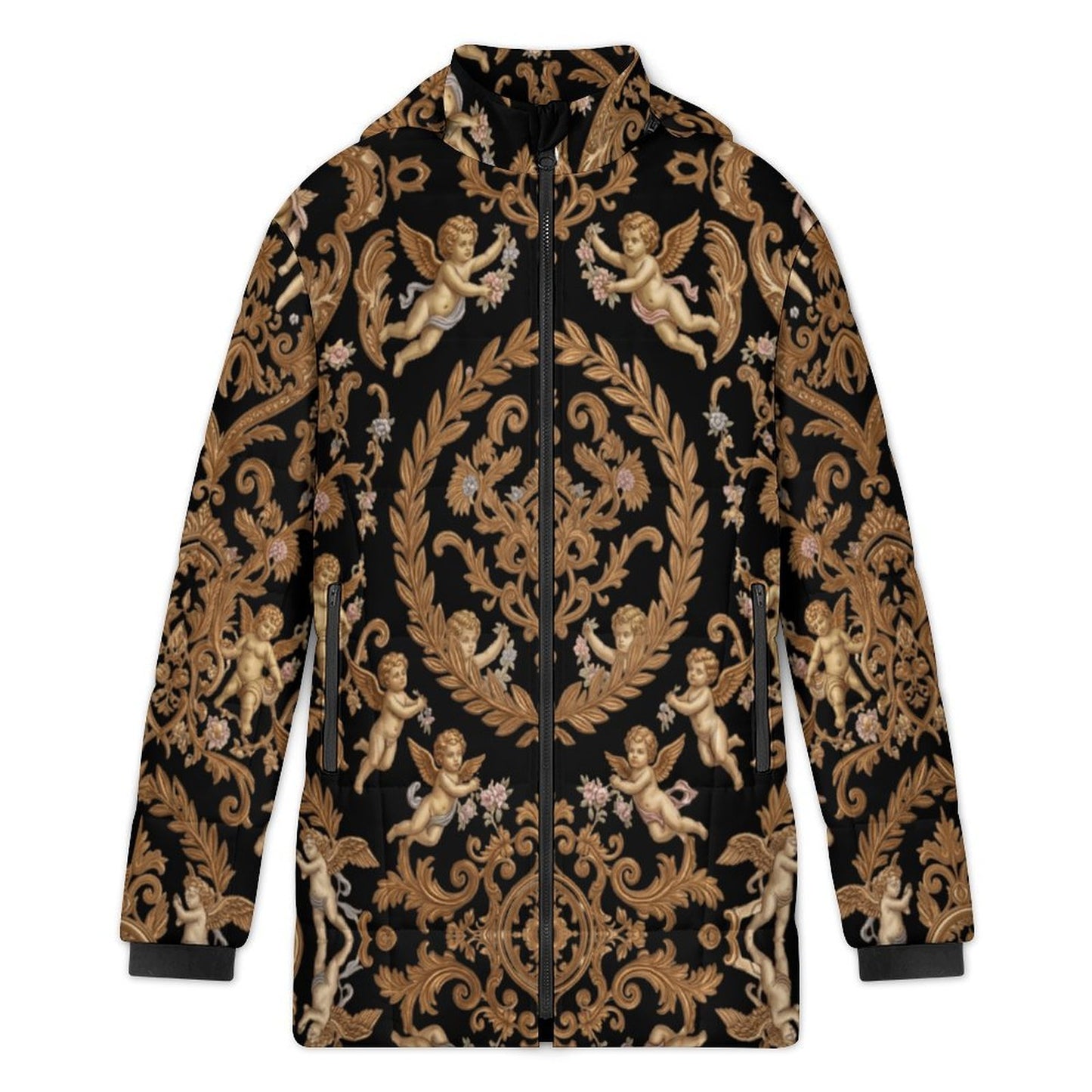 All-Over Print Women's Stand Collar Hooded Zipper Puffer Coat