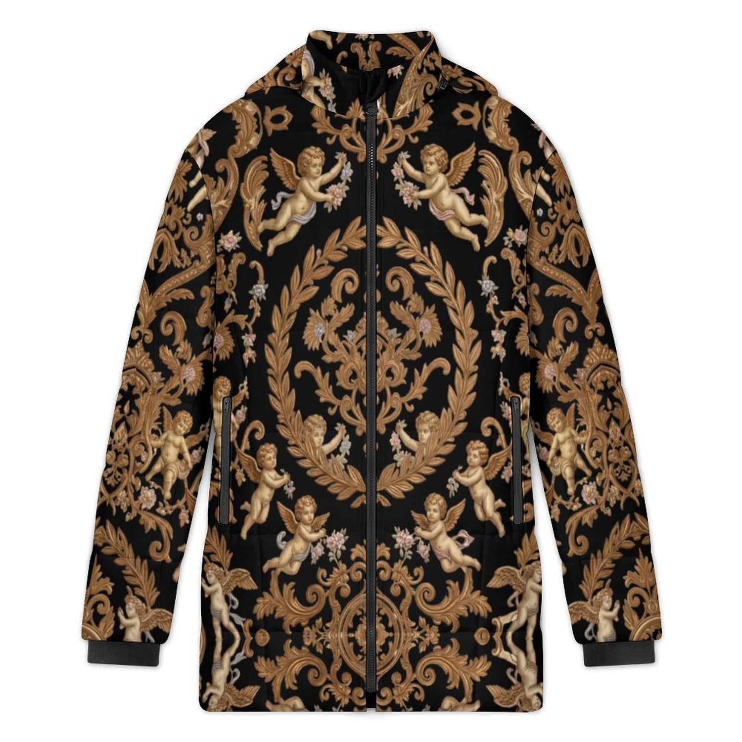 All-Over Print Women's Stand Collar Hooded Zipper Puffer Coat