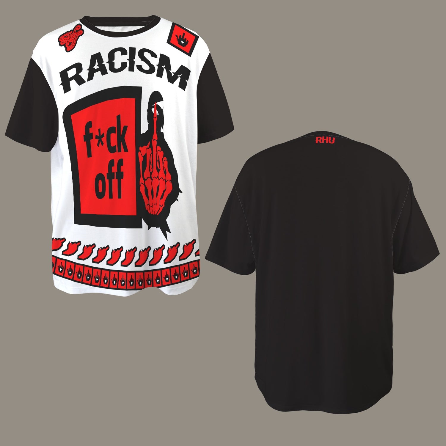 FUCK OFF RACISM DISTRESSED T-SHIRT BLACK WHITE