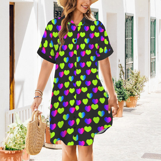 Green Pink Hearts T Shirt Dress Short Sleeve Black