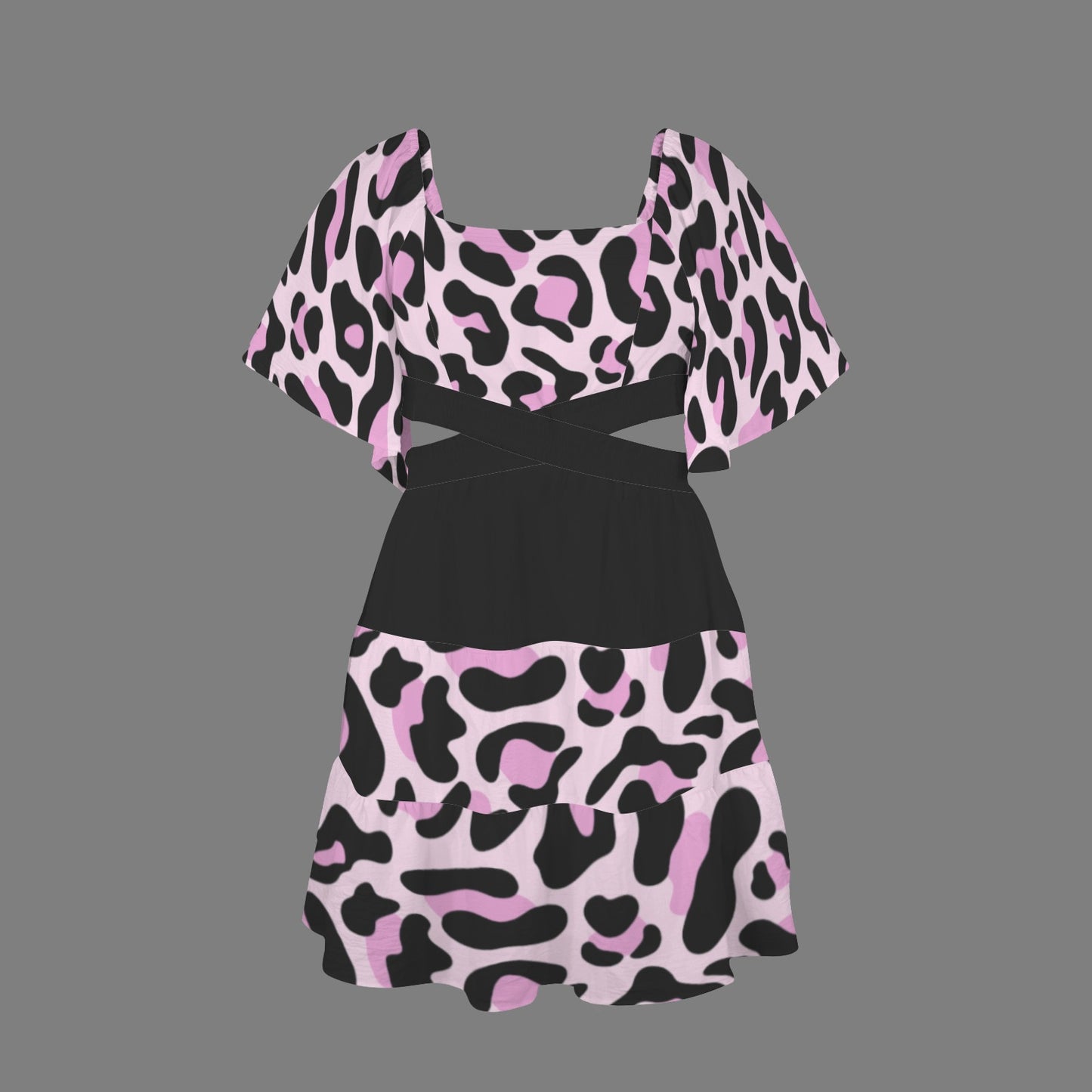 Cross Waist Dress Leopard Black Pink