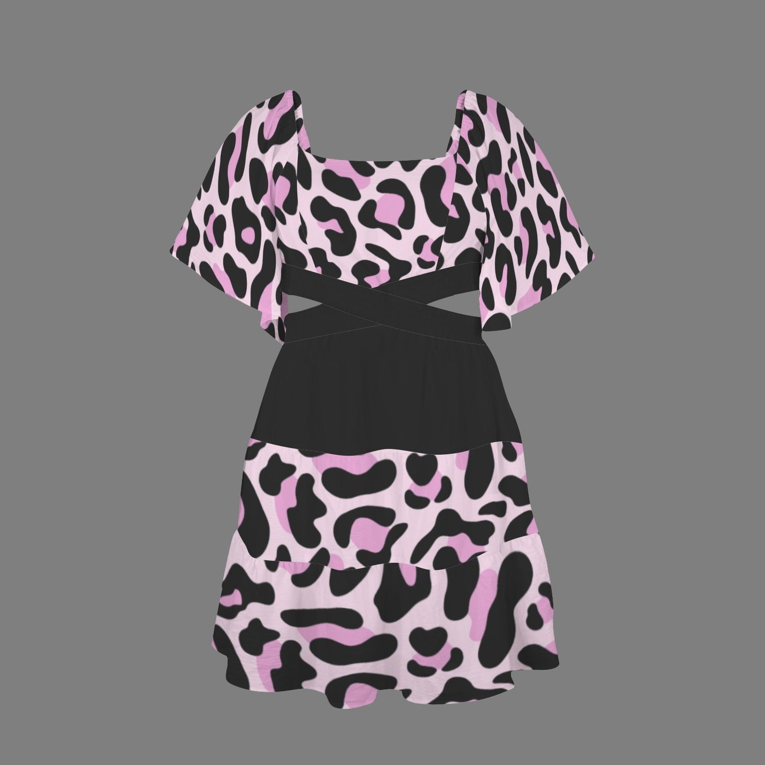 Cross Waist Dress Leopard Black Pink