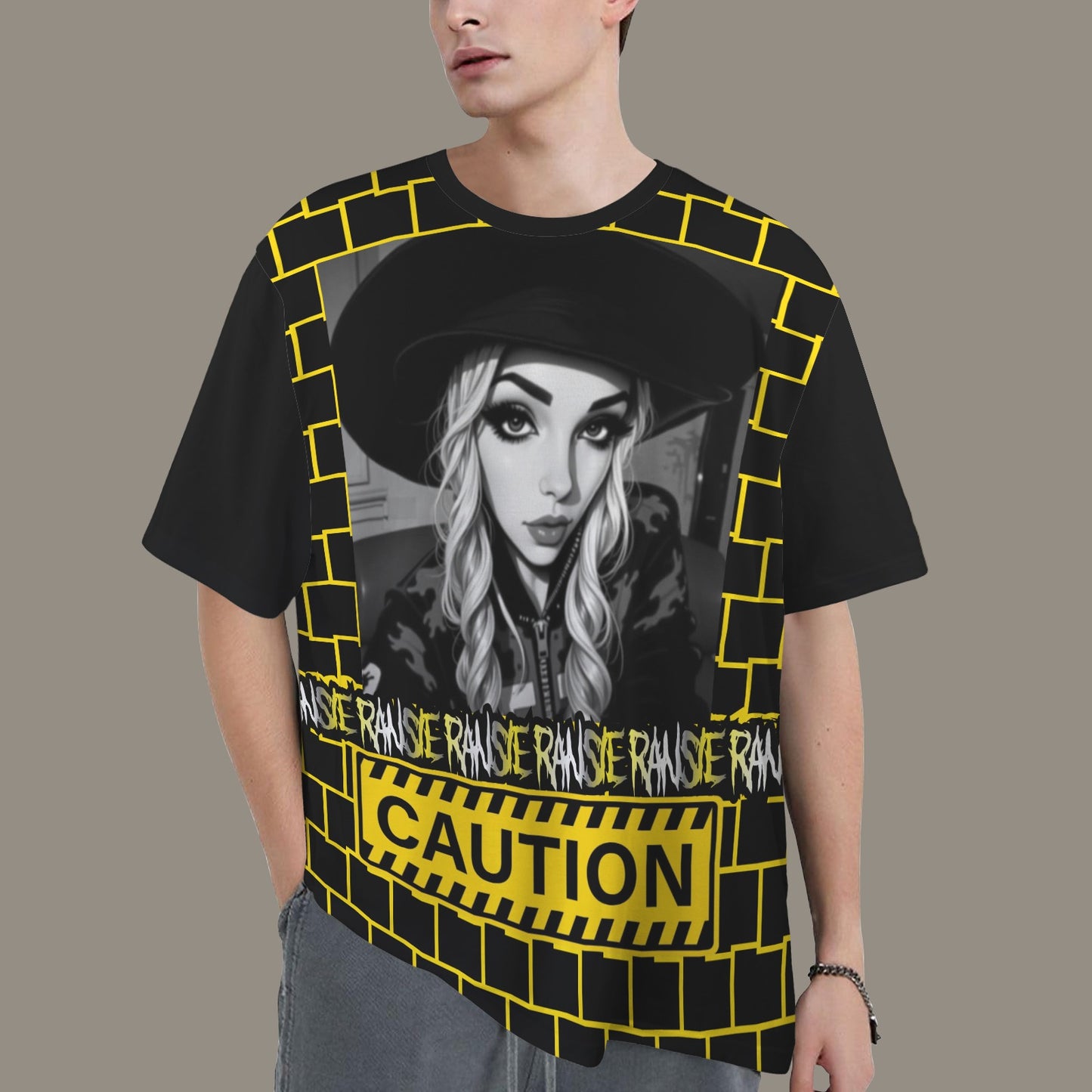RANSIE CARTOON B/W CAUTION T-SHIRT