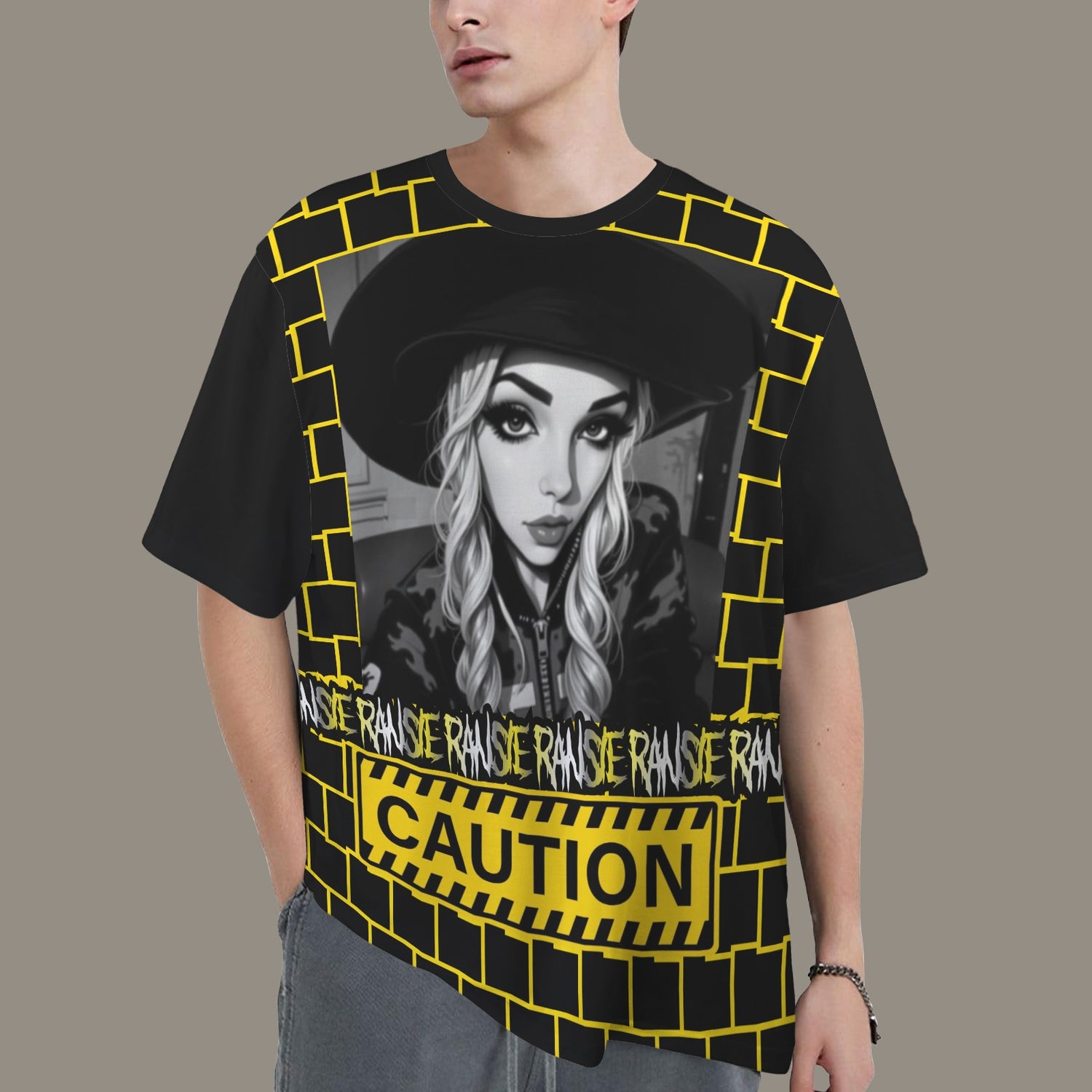 RANSIE CARTOON B/W CAUTION T-SHIRT