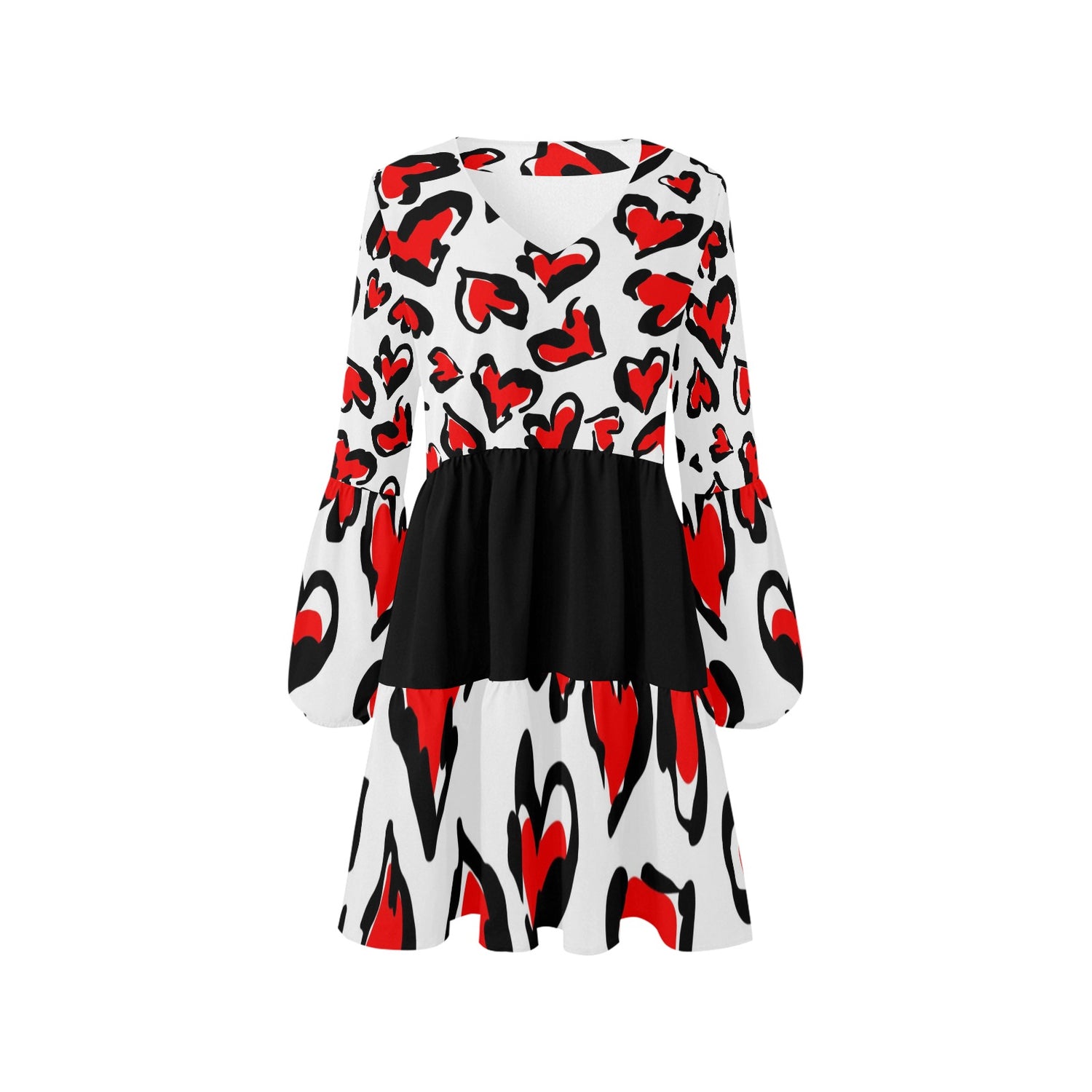 Red Hearts Black White Boho Dress