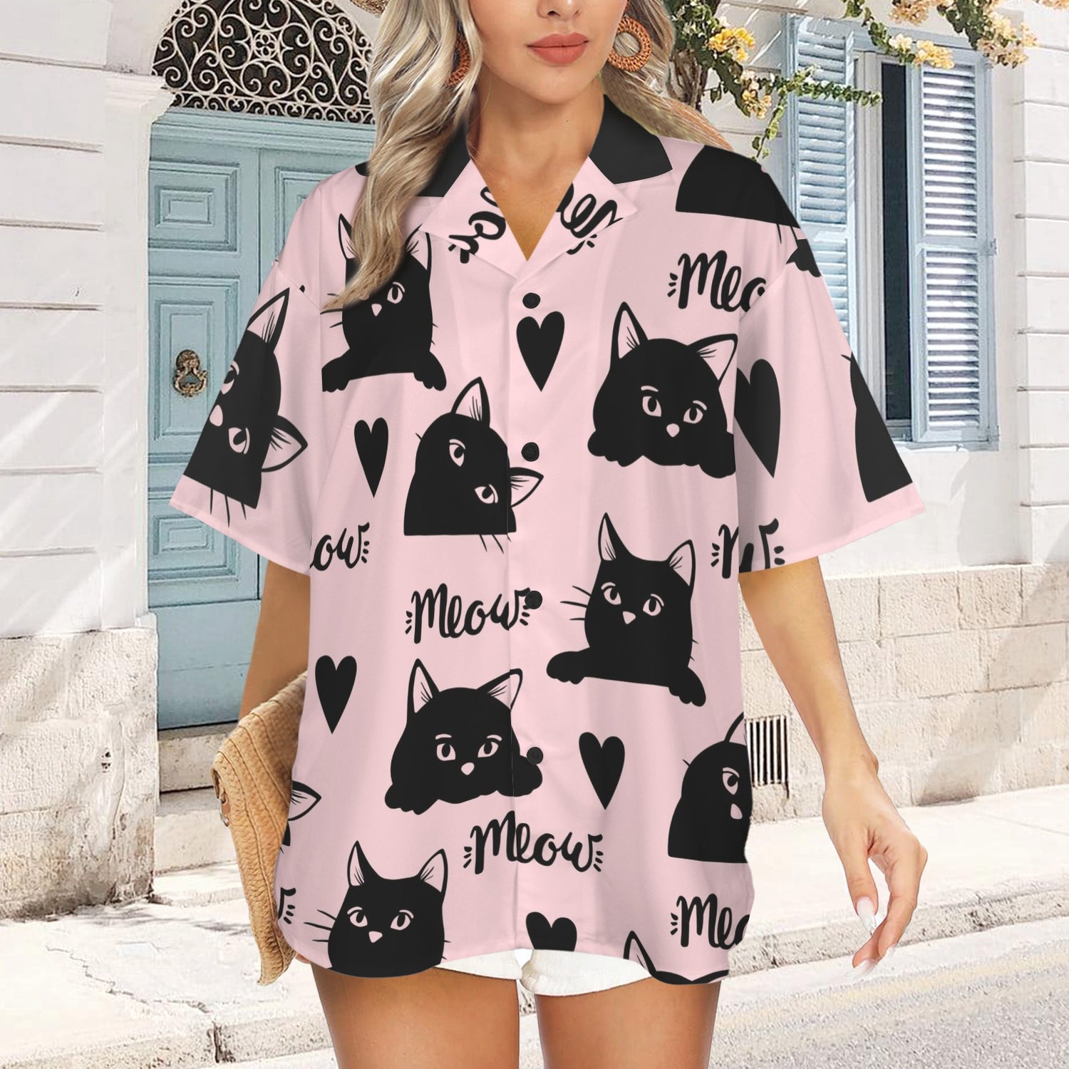 Cat & Meaw Pink Lapel Button T-Shirt