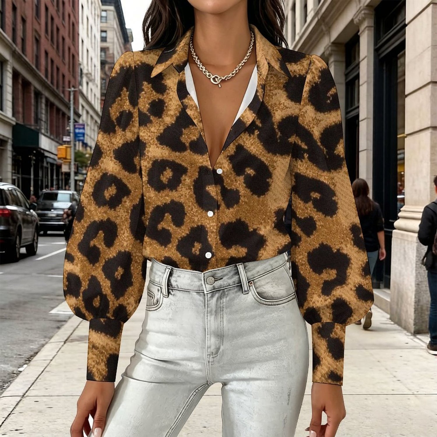 Custom Women Lapel Puff Sleeve Button Casual Blouse Shirt
