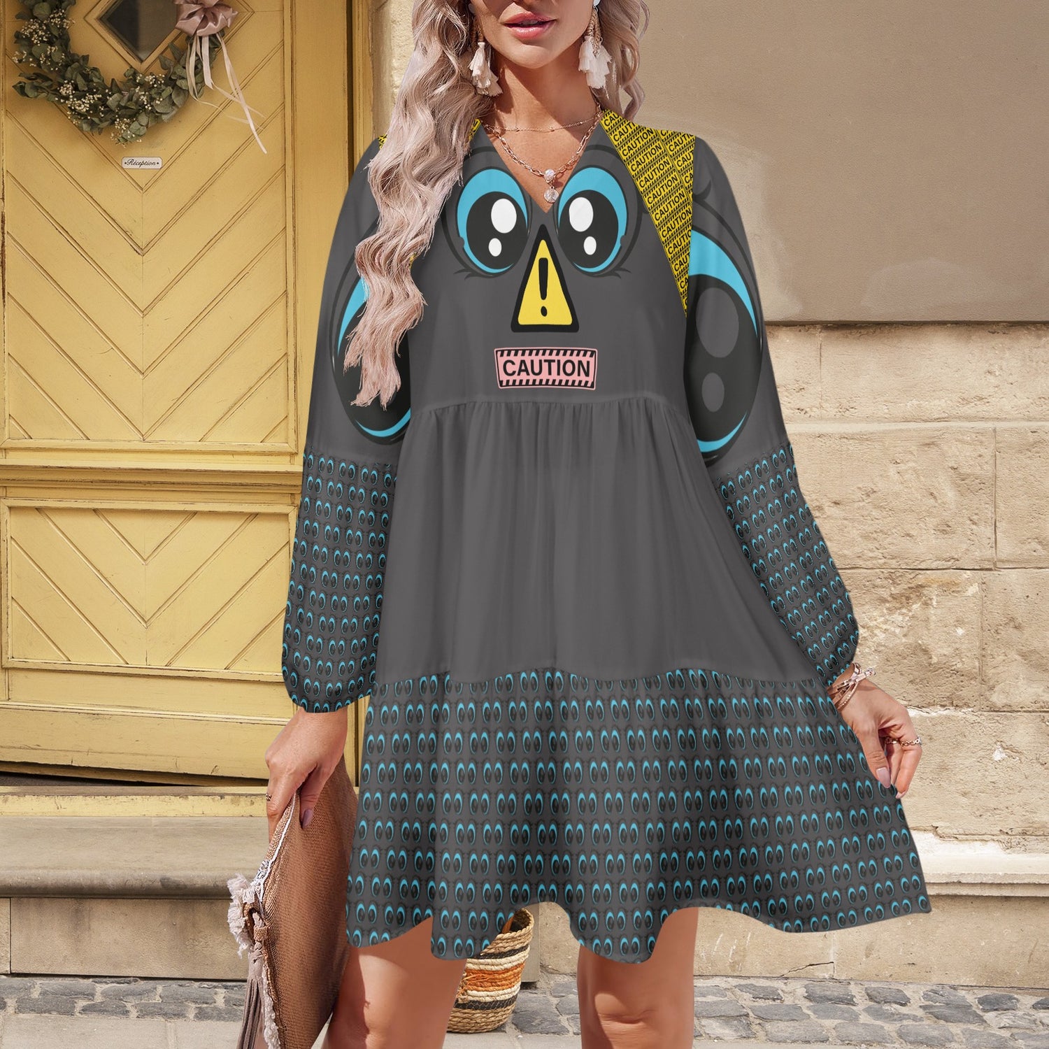 CAUTION Blue Eyes Boho Dress Grey