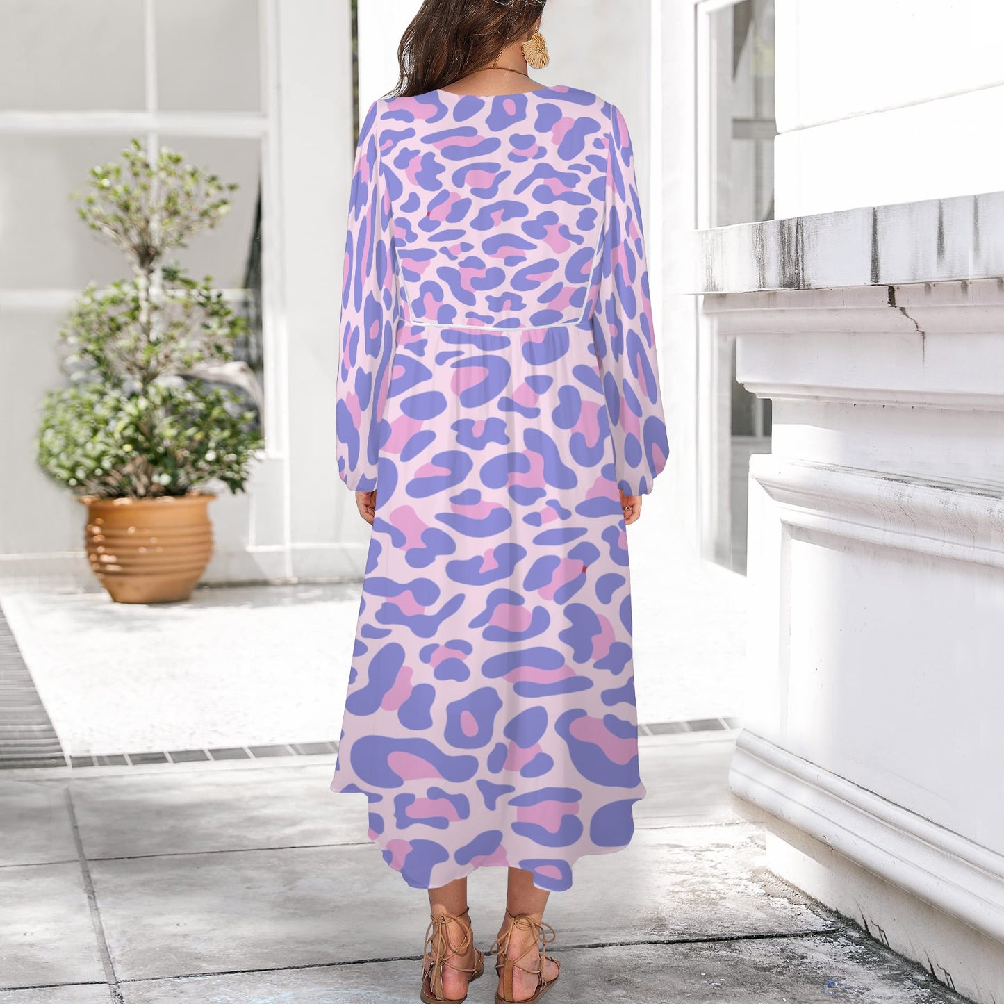 Light Blue Pink Leopard Long Dress