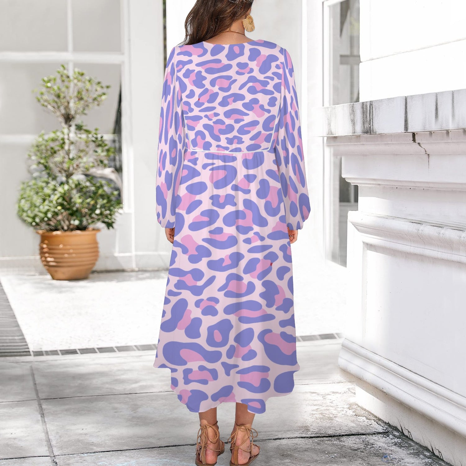 Light Blue Pink Leopard Long Dress