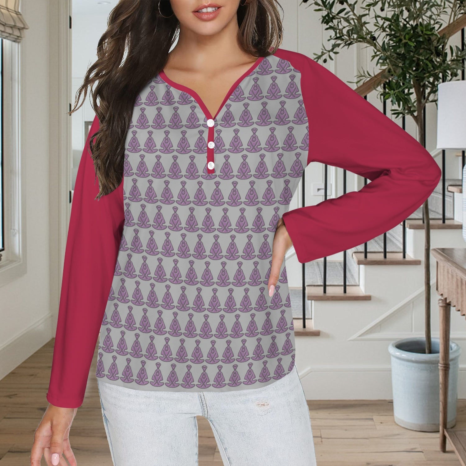 Buddha Pattern Long Sleeve Shirt Button Grey Magenta Sleeve