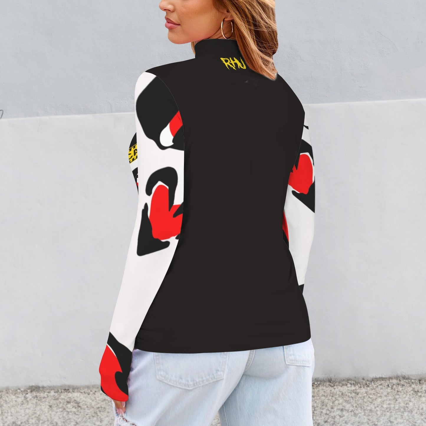 RANSIE CAUTION Long Sleeve Turtleneck Shirt White Black Hearts