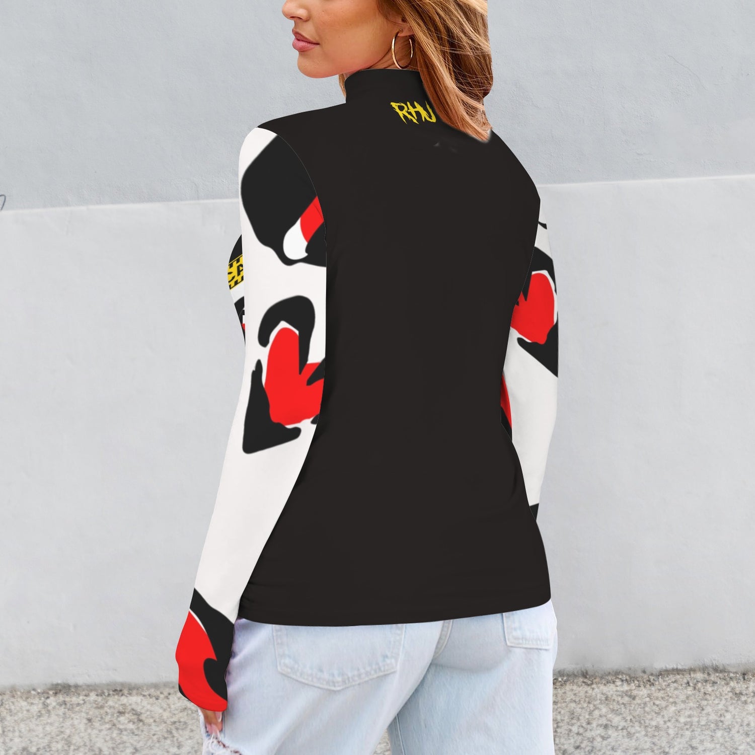 RANSIE CAUTION Long Sleeve Turtleneck Shirt White Black Hearts