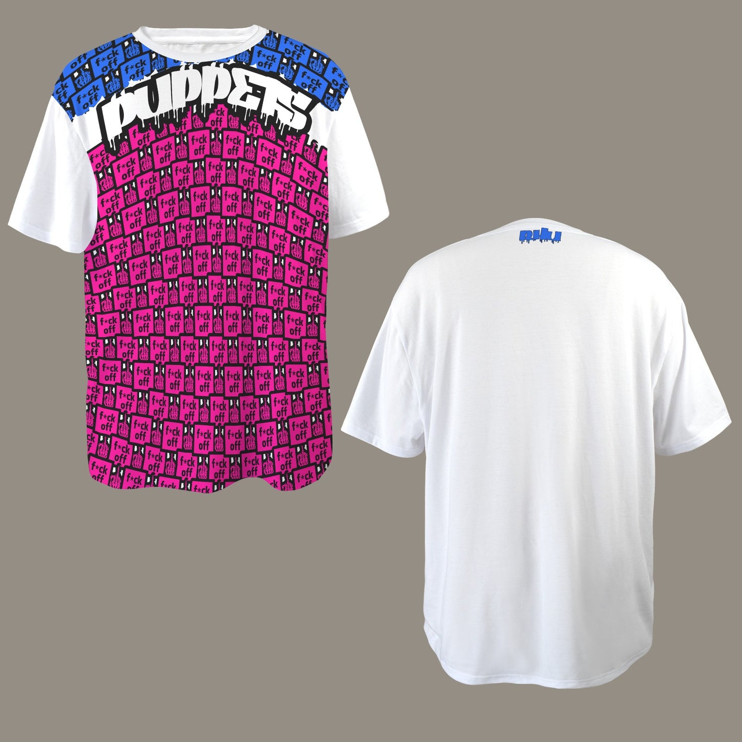 FUCK OFF PUPPETS PINK BLUE WHITE T-SHIRT V2