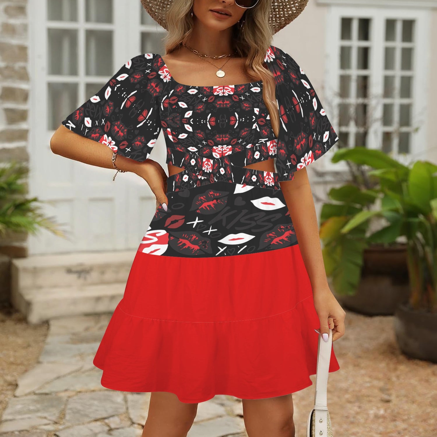 Cross Waist Dress Mouths Black Red