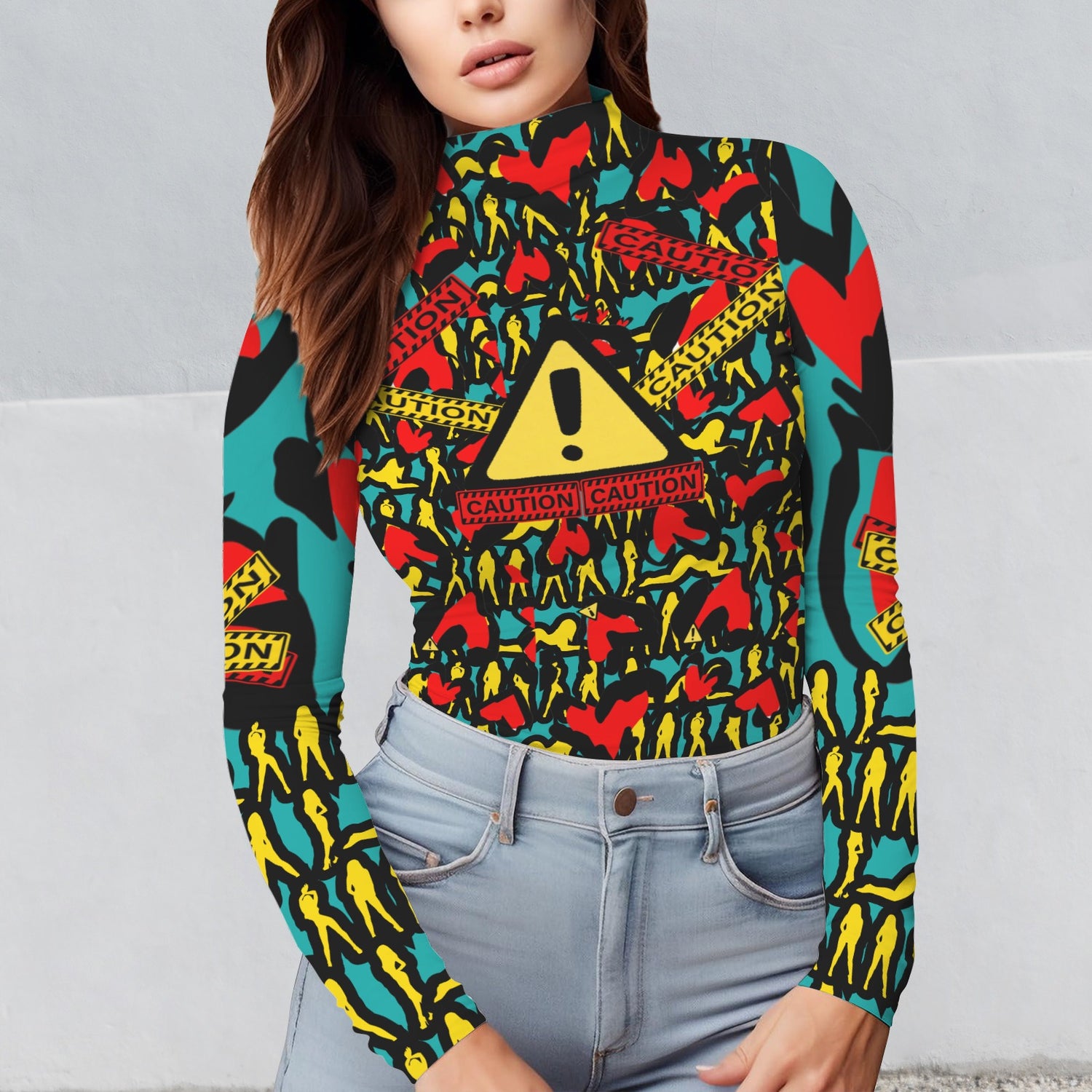 CAUTION Long Sleeve Turtleneck Shirt Torquoise Hearts Mosquitoes Small SIGN