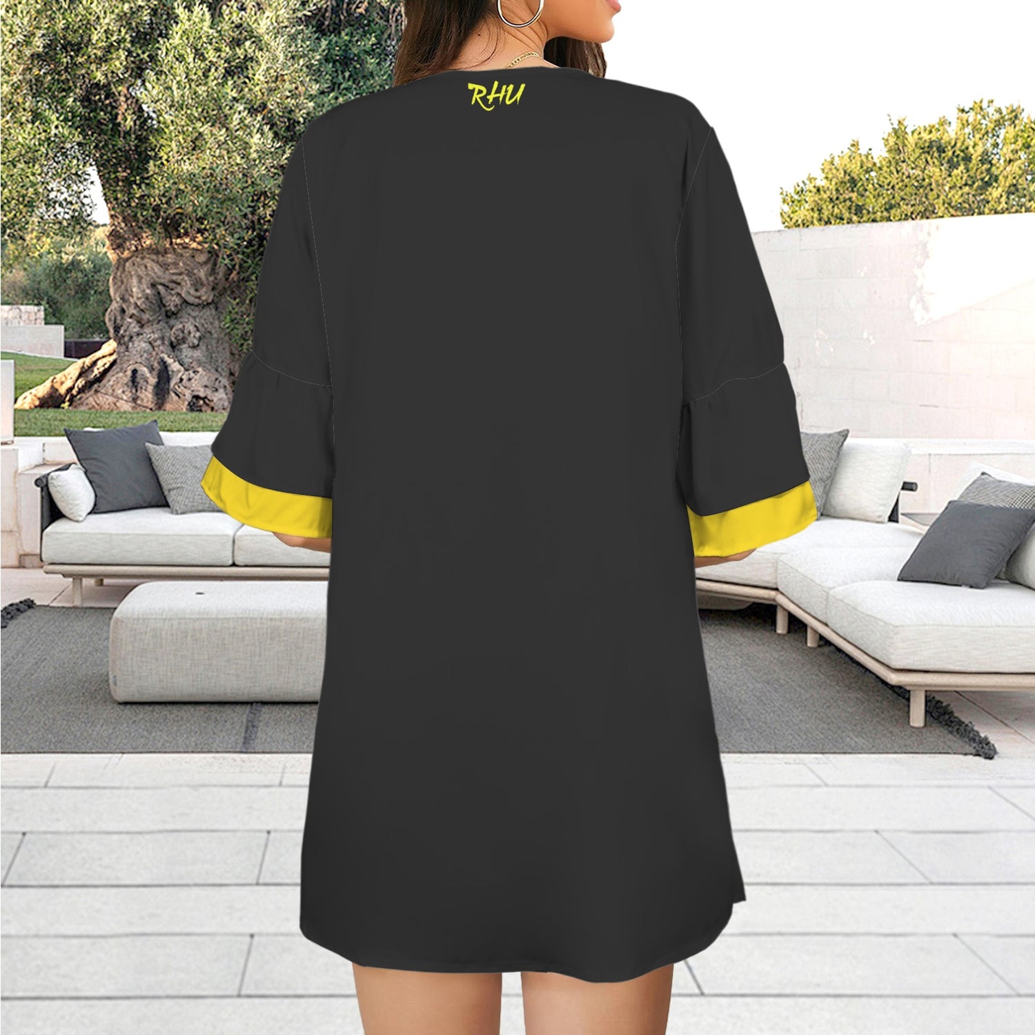 Caution 3/4 Sleeve Dress Black Yellow Signs Finger