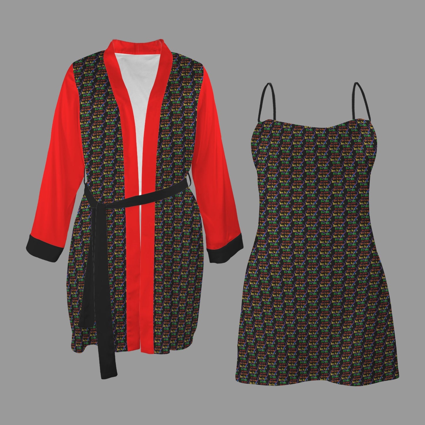 LINFA Little Hearts Robe & Slip Combo Black/Red V2