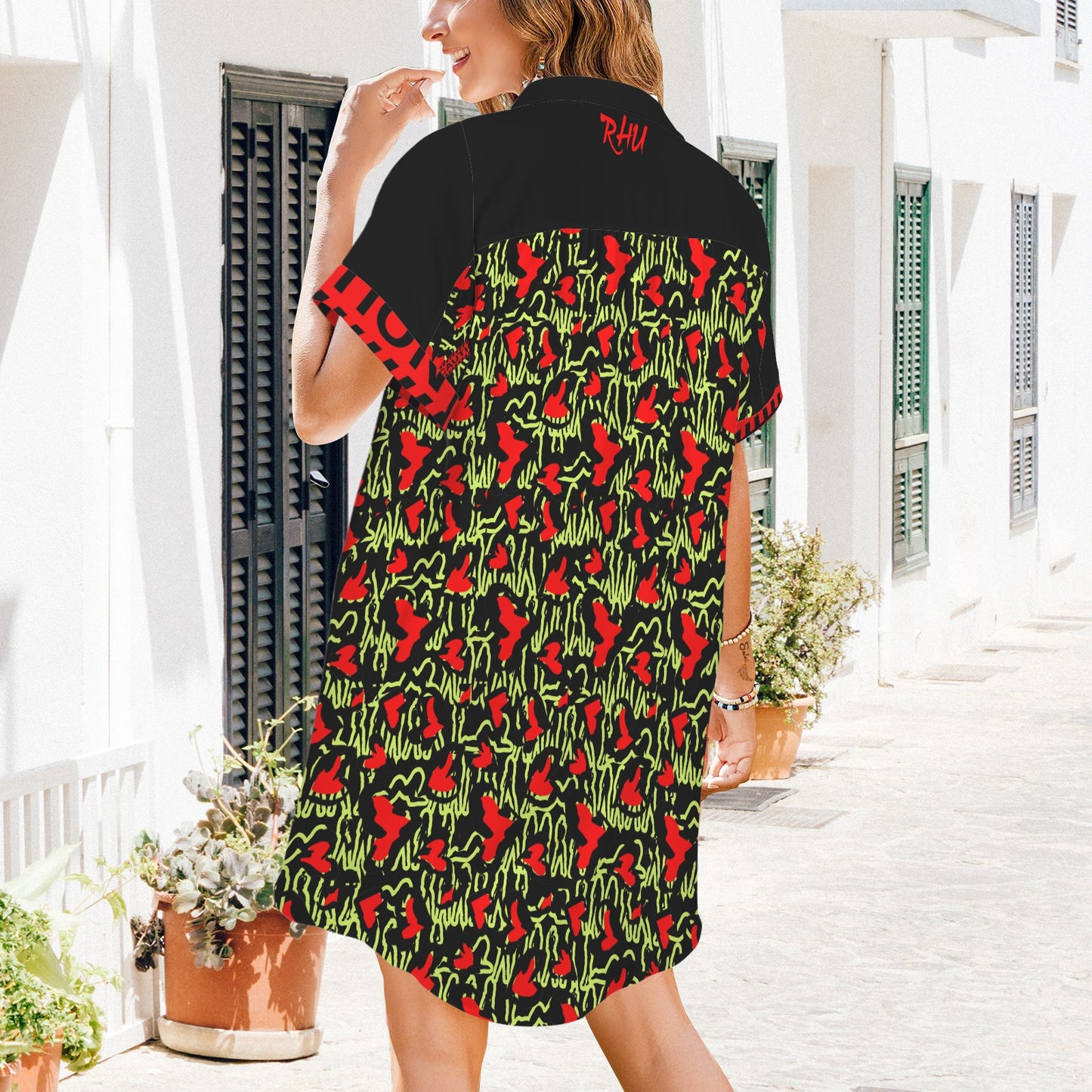 Caution Black Green Mosquitoes T Shirt Dress Buttons