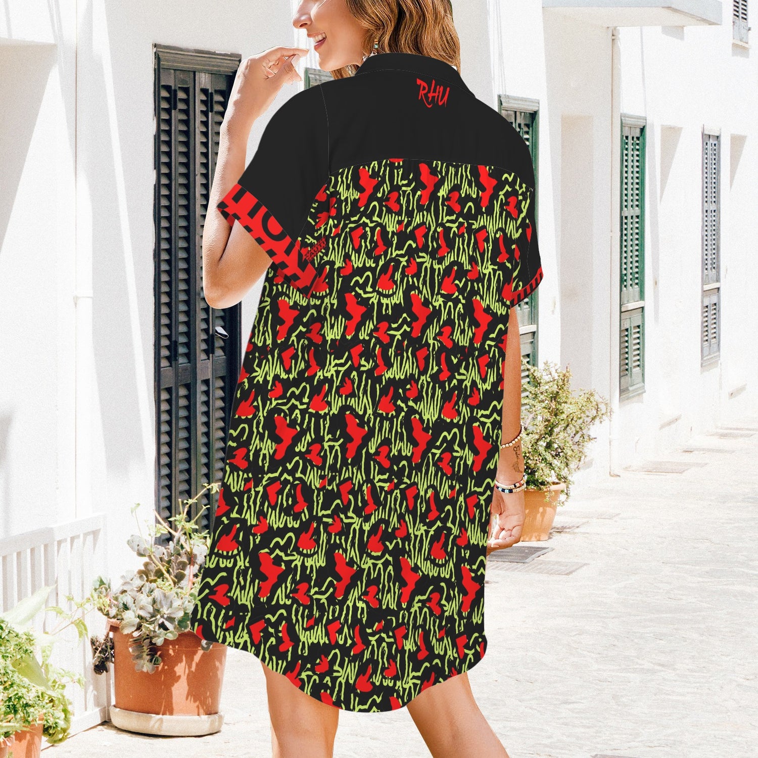 Caution Black Green Mosquitoes T Shirt Dress Buttons