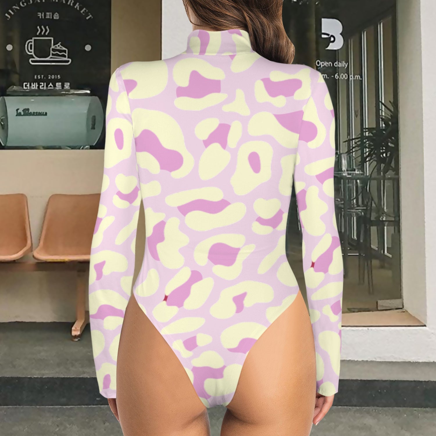 Leopard Long Sleeve Bodysuit Light Yellow Pink