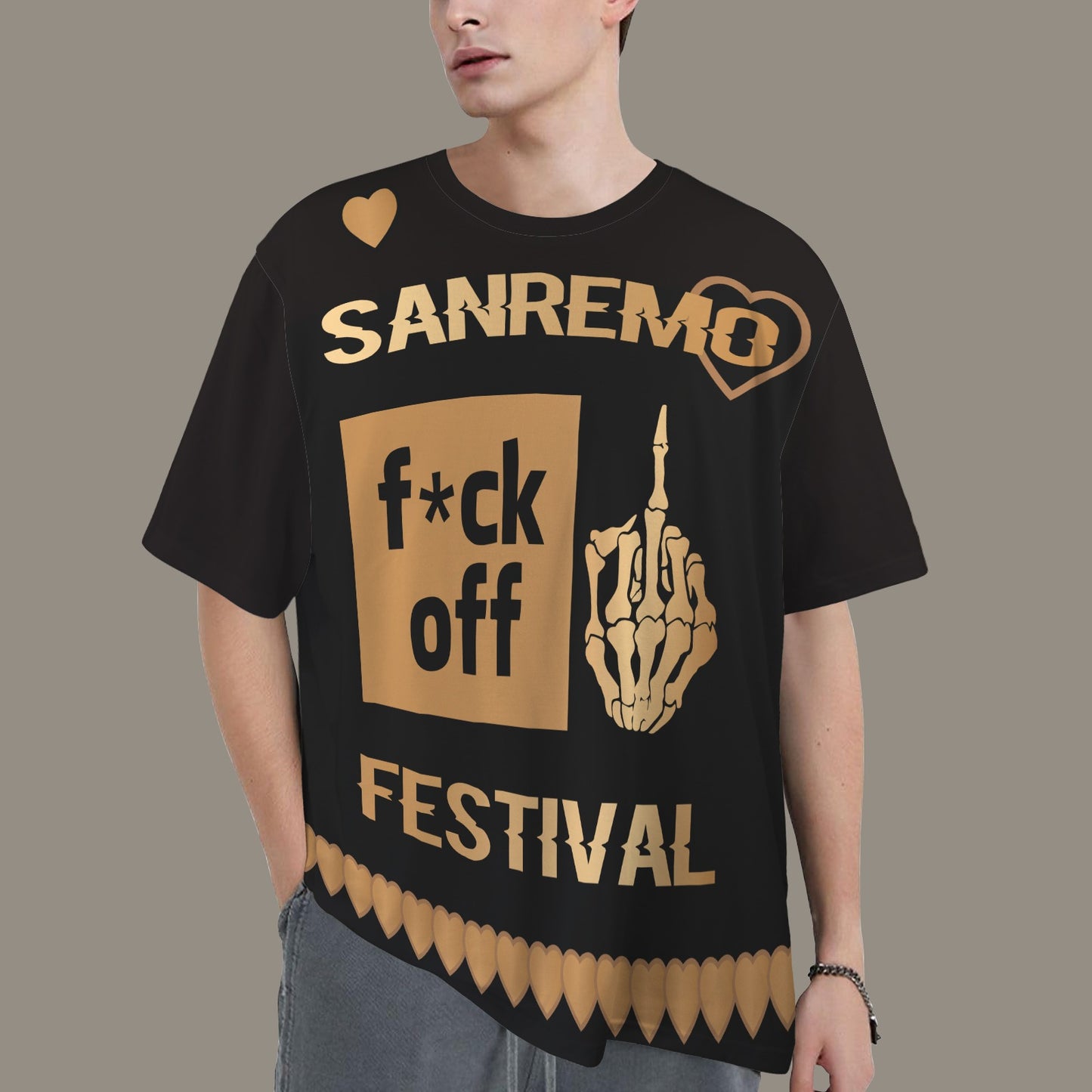 FUCK OFF HEARTS SANREMO FESTIVAL DISTRESSED T-SHIRT BLACK BROWN