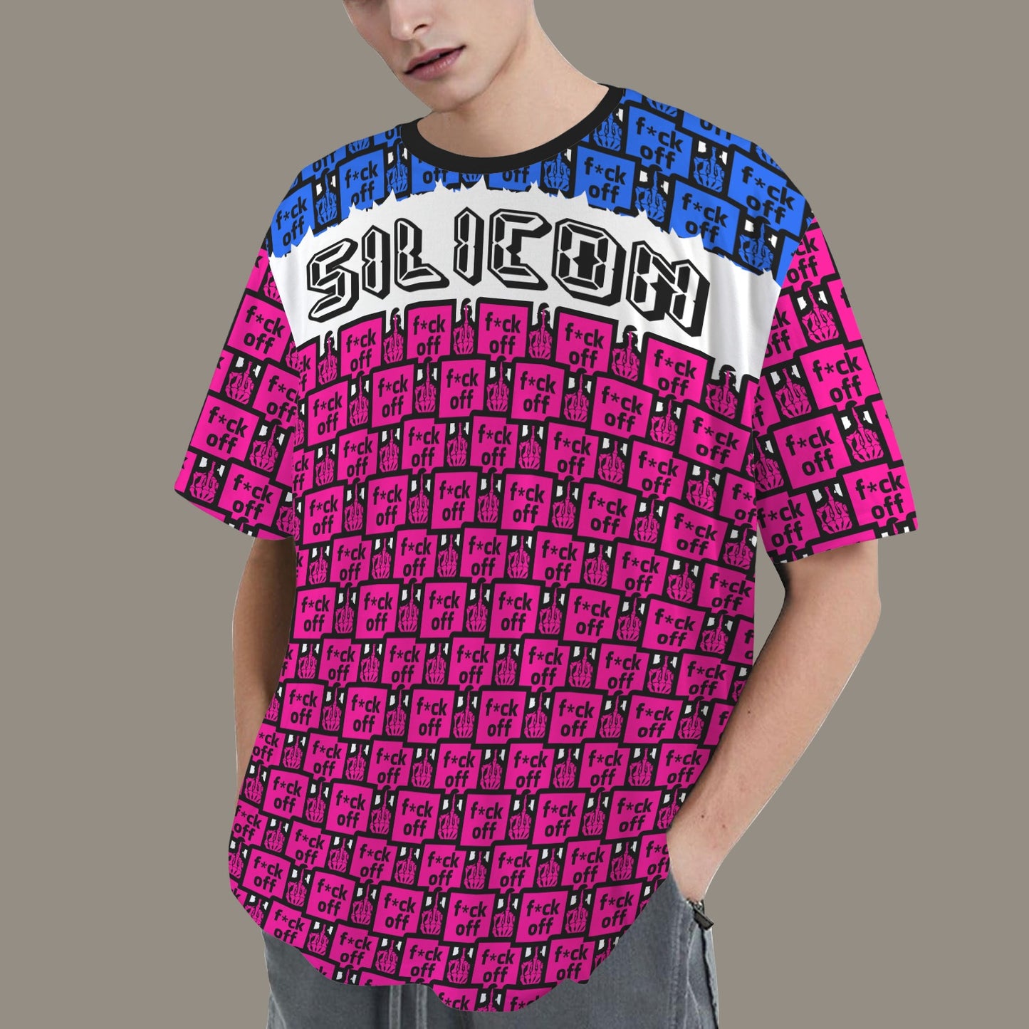 FUCK OFF SILICON PINK BLUE T-SHIRT BLACK