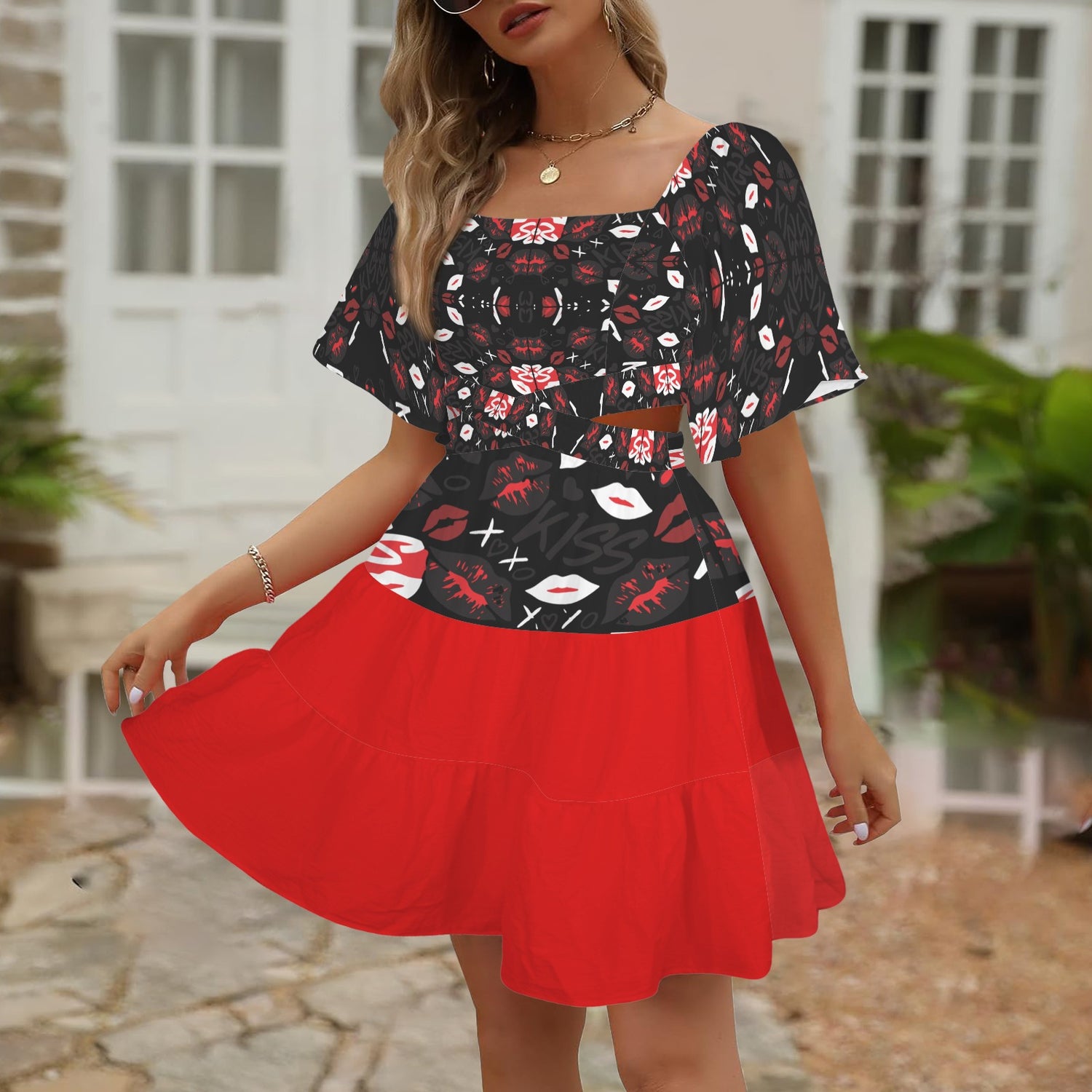Cross Waist Dress Mouths Black Red