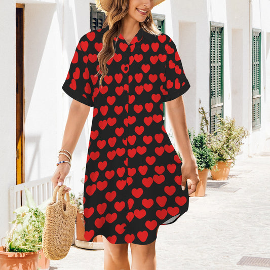 High On You Red Hearts T Shirt Dress Short Sleeve Black