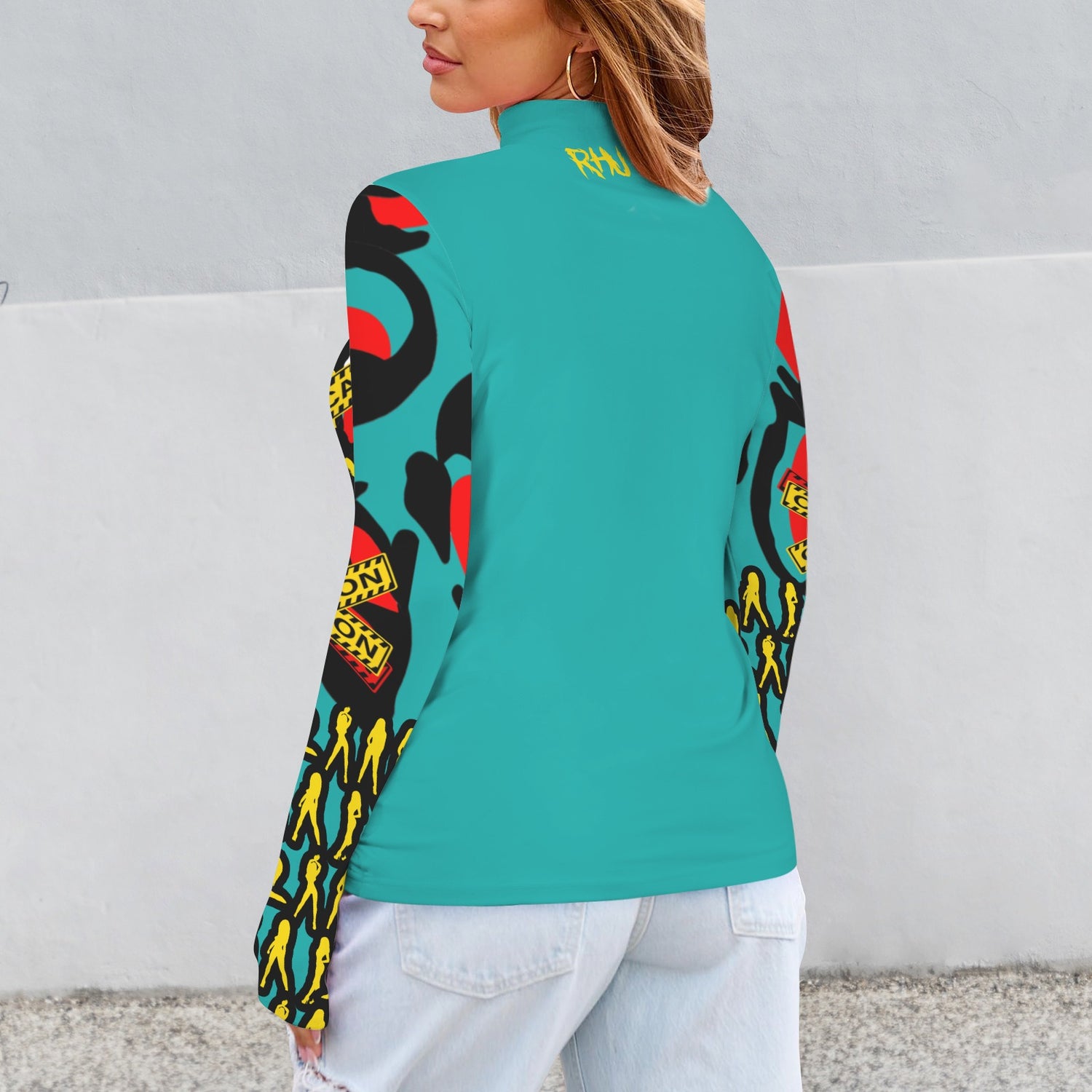CAUTION Long Sleeve Turtleneck Shirt Torquoise Hearts Mosquitoes