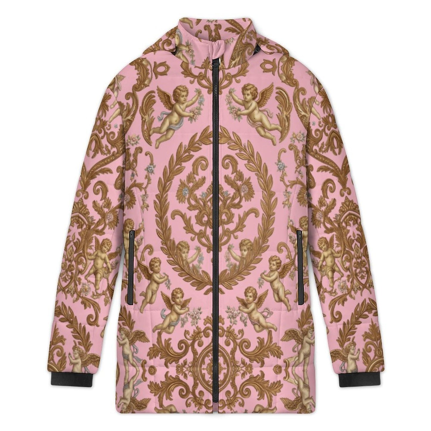 All-Over Print Women's Stand Collar Hooded Zipper Puffer Coat