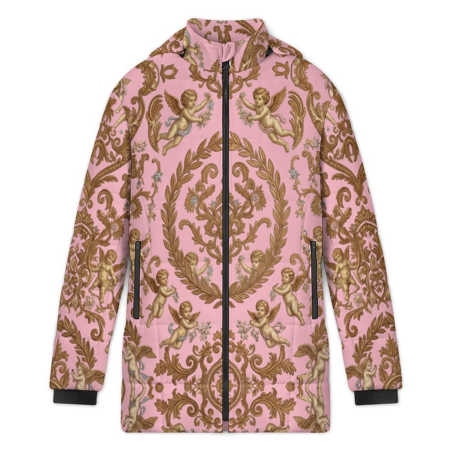 All-Over Print Women's Stand Collar Hooded Zipper Puffer Coat