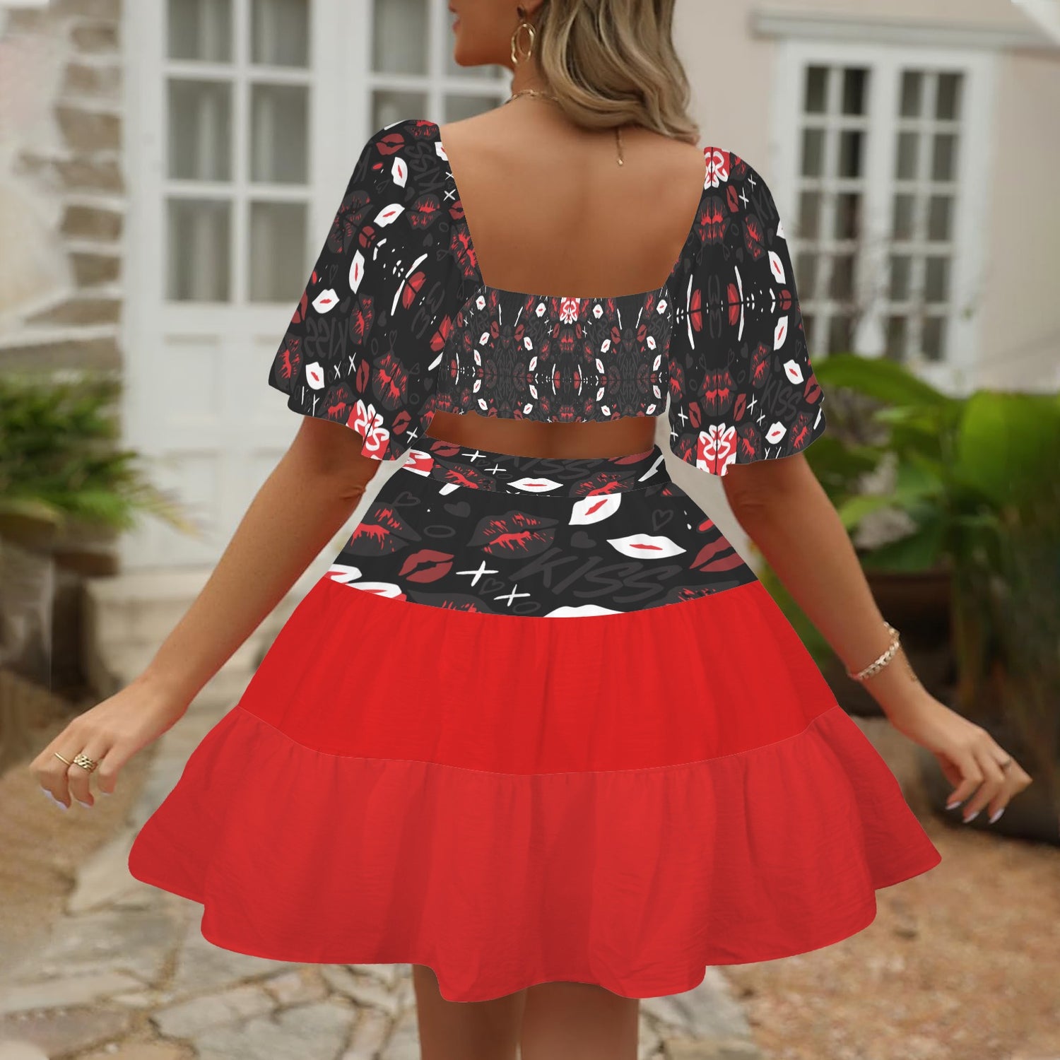 Cross Waist Dress Mouths Black Red
