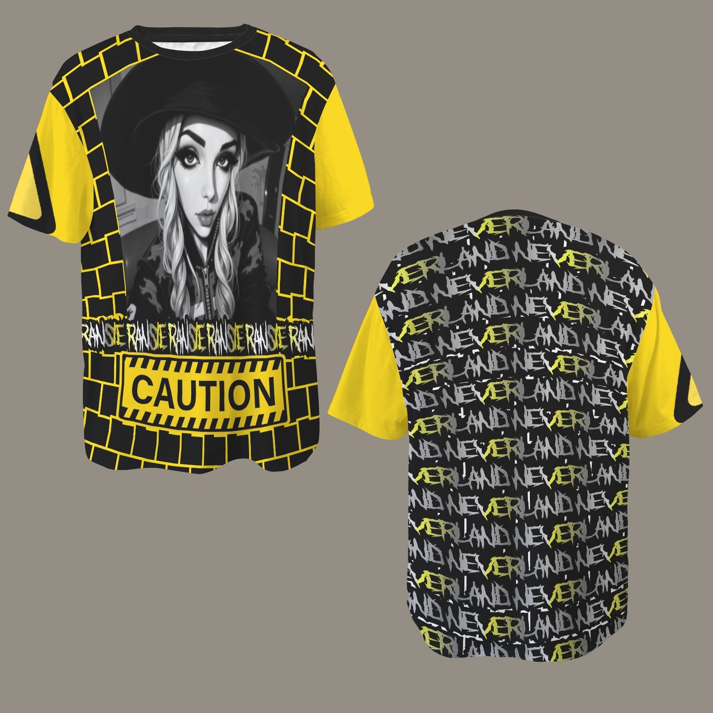 RANSIE CARTOON B/W CAUTION T-SHIRT - YELLOW SLEEVE SIGN