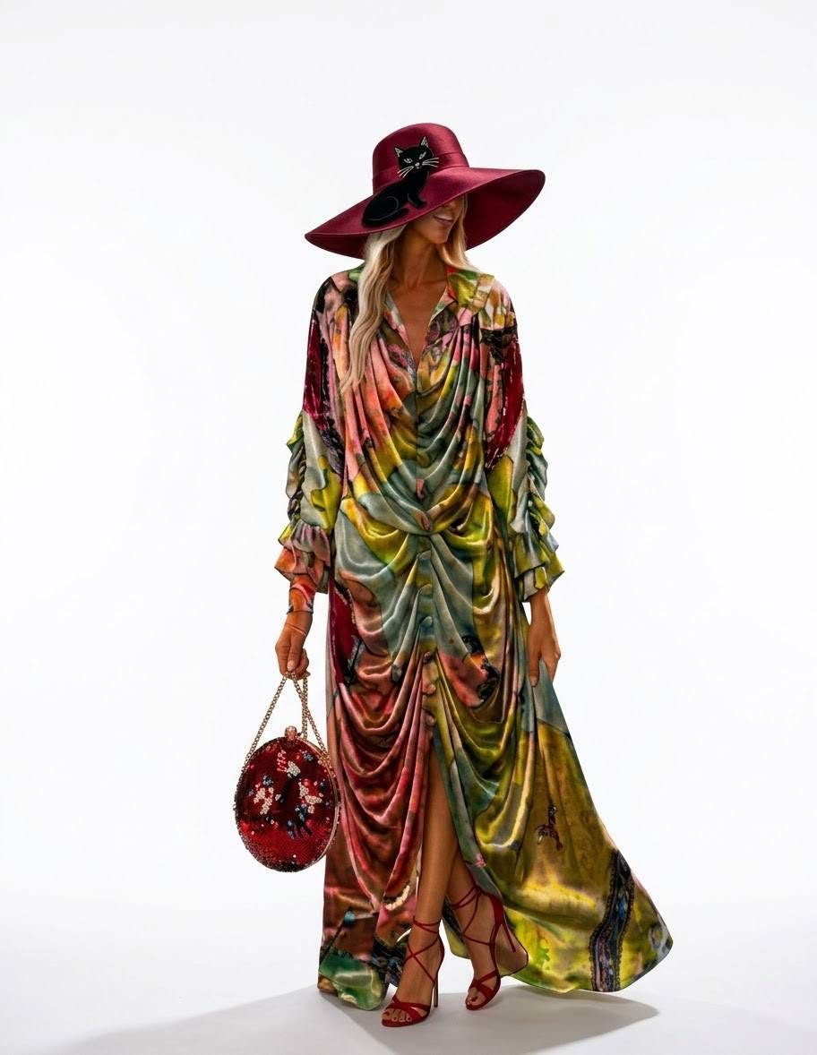 Long Summer Multicolor Dress in Silk Satin