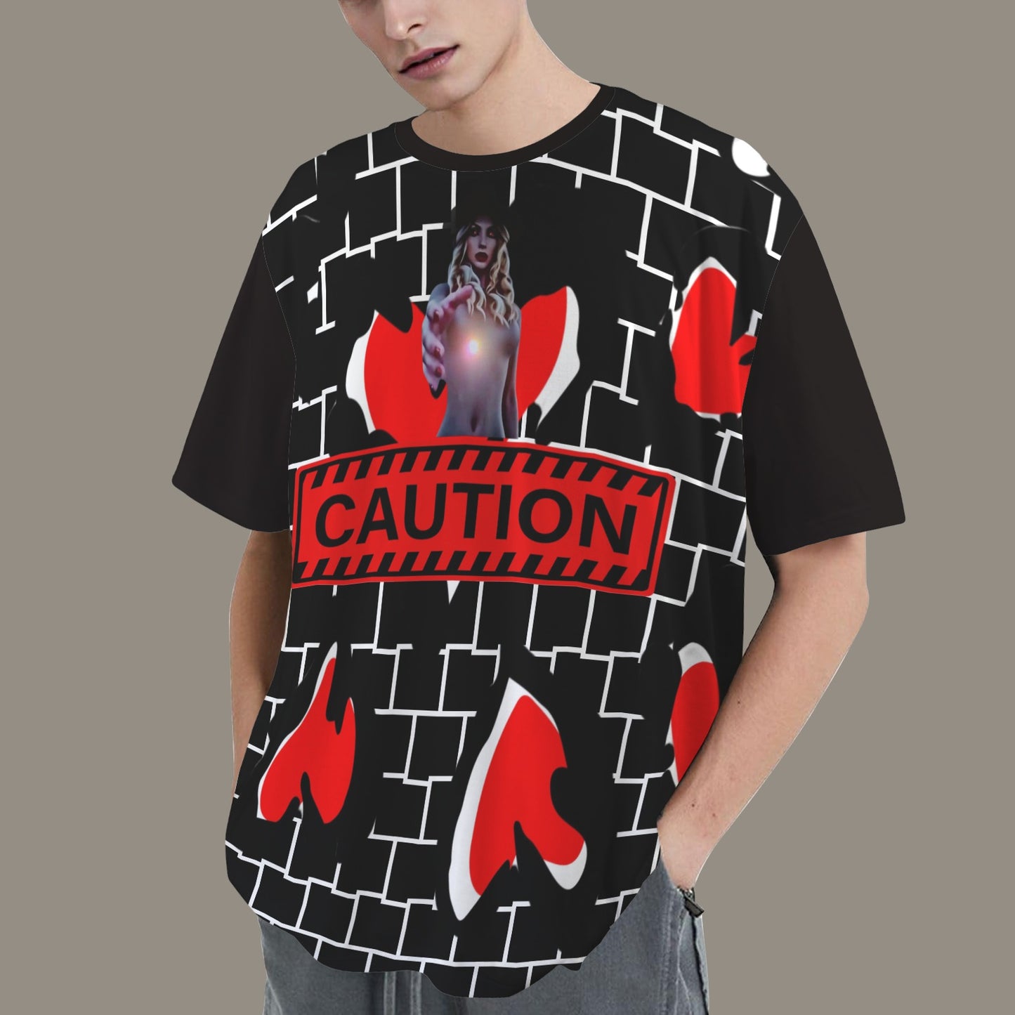 RANSIE FIGURE RED CAUTION T-SHIRT BLACK - DISTRESSED NEVERLAND