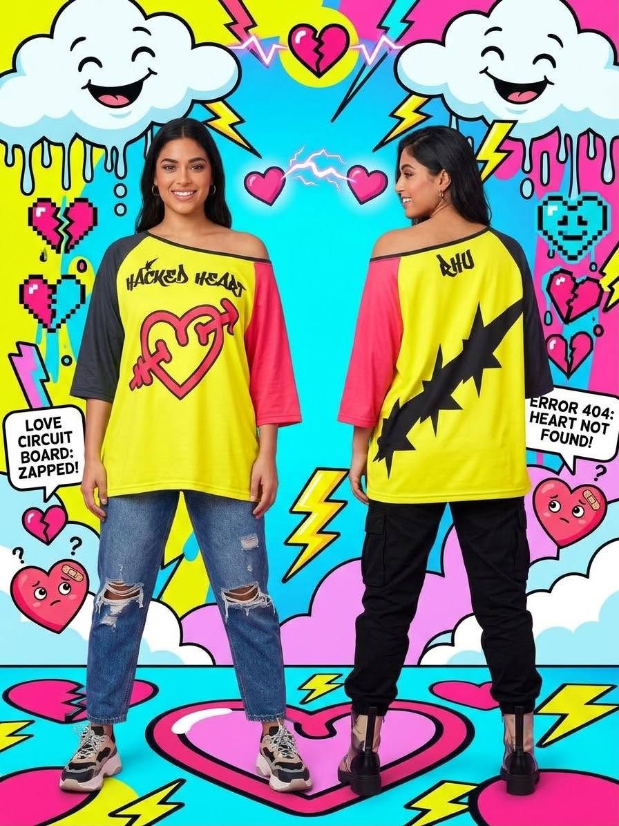 Hacked Heart Oversize Off The Shoulder Half-Sleeve T-shirt - Thick Soft Fabric