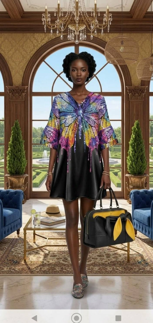 Big Butterfly Black 3/4 Sleeve Dress