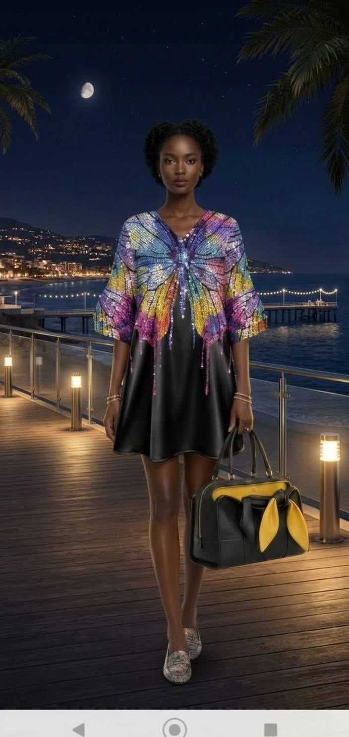 Butterfly 3/4 Sleeve Silk Satin & Sequins Mini Dress