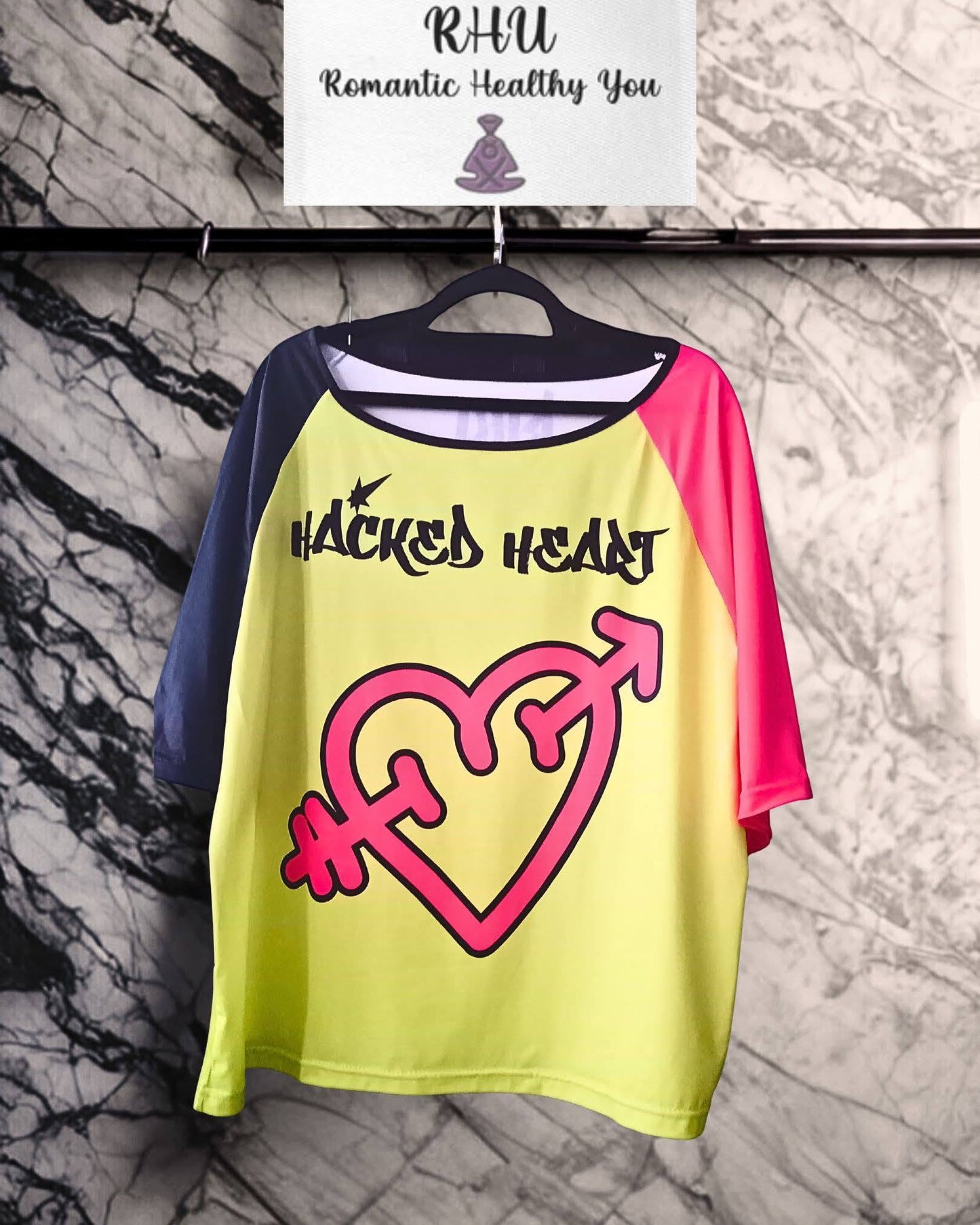 Hacked Heart Oversize Off The Shoulder Half-Sleeve T-shirt - Thick Soft Fabric