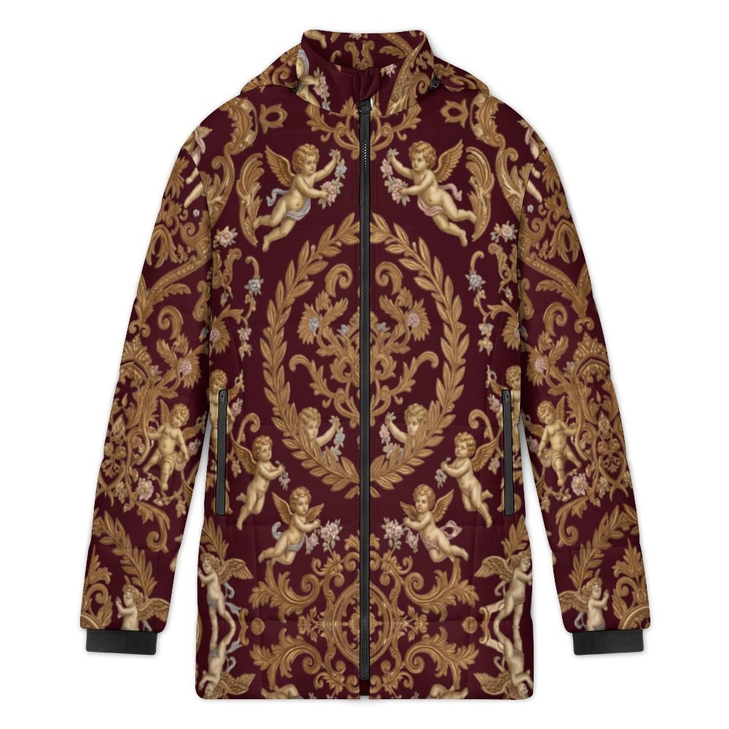 All-Over Print Women's Stand Collar Hooded Zipper Puffer Coat
