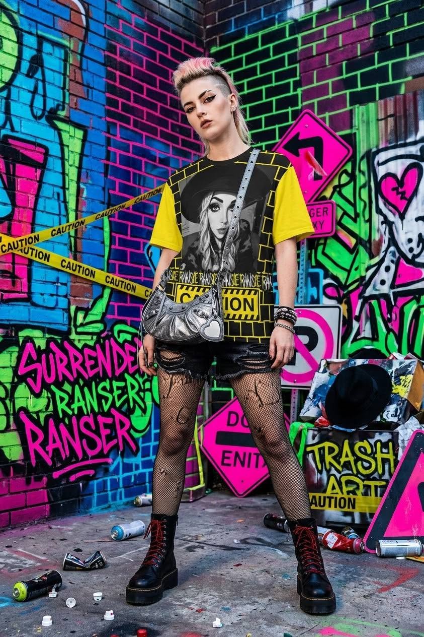 RANSIE CARTOON B/W CAUTION T-SHIRT - YELLOW  DISTRESSED NEEVRLAND V2