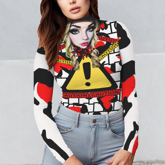 RANSIE CAUTION Long Sleeve Turtleneck Shirt White Black Hearts