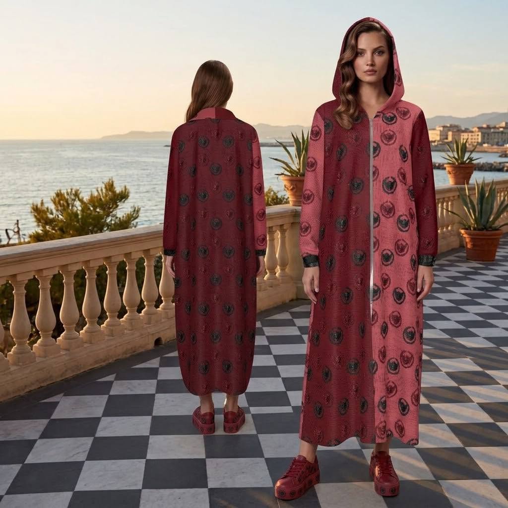 Logo Pattern Dual Color Velvet Zipper Maxi Dress with pockets