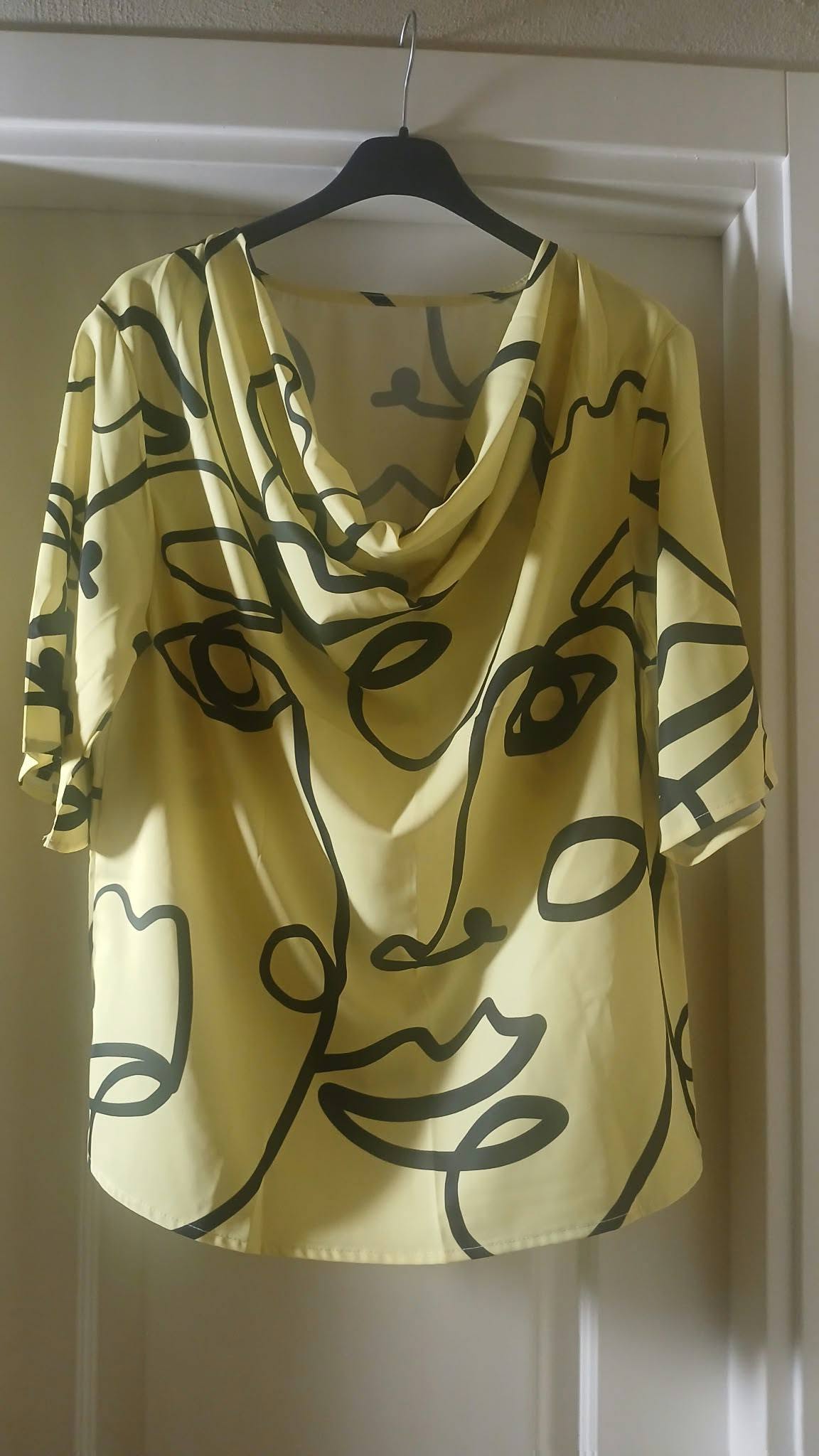 Draped Neck Flare Sleeve Blouse   Yellow