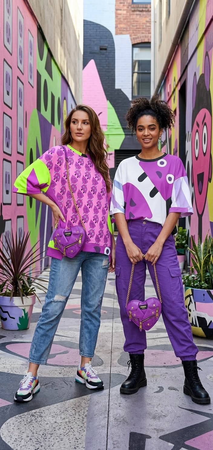 Fear Of Conncetion? Pattern Yellowish Green/Pink/Dark Hot Pink Hem T-Shirt