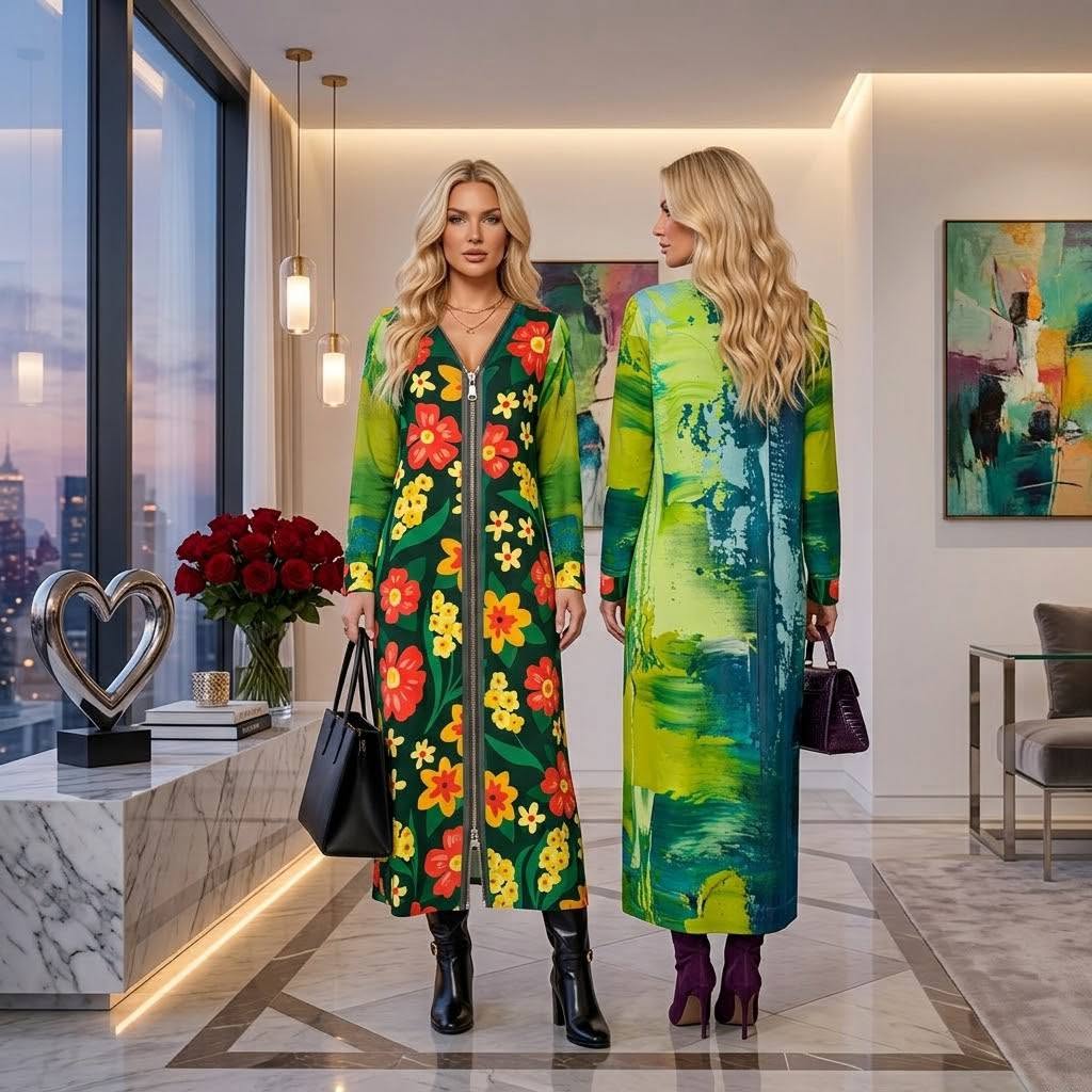 Women's Long Sleeve Zipper Maxi Dress - Flowers & Green