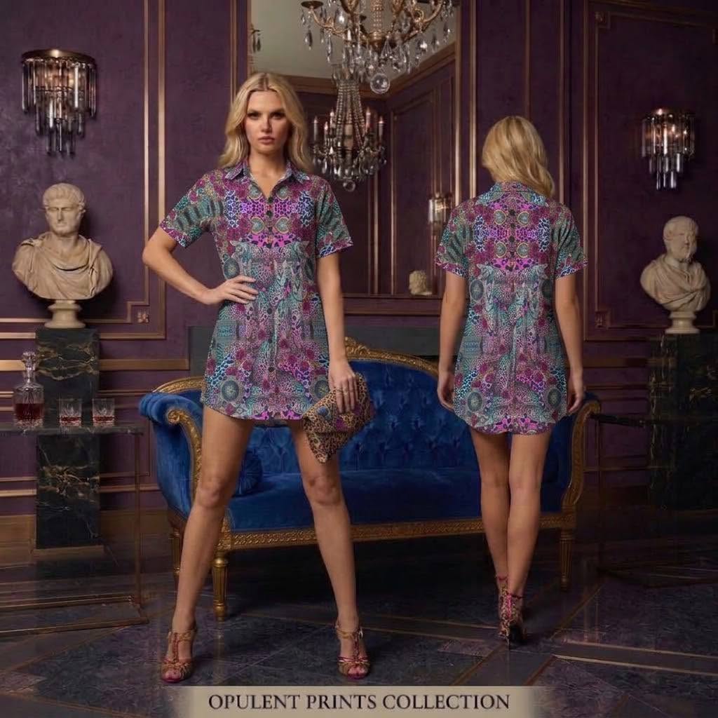 Opulent Print Collection Short Sleeve T-Shirt Dress Cats Turquoise Burgundy