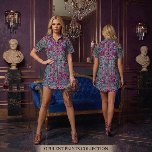 Opulent Print Collection Short Sleeve T-Shirt Dress Cats Turquoise Burgundy